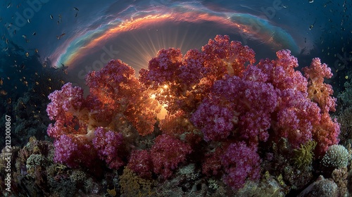 Underwater Paradise: Coral Reef Bursting with Life and Sunlight in Tropical Sea