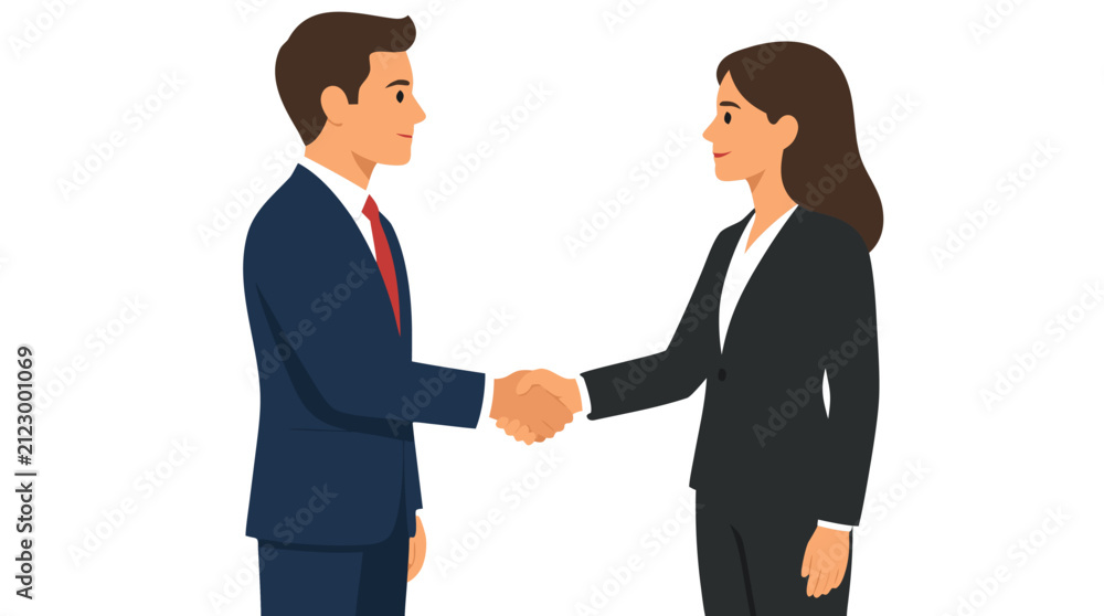 Fototapeta premium Businessman and businesswoman shaking hands as equals in a clean office setting, flat vector illustration on solid white background depicting partnership and professional agreement