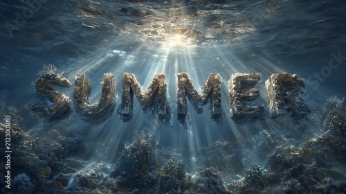 Underwater Summer: A Serene Ocean Scene with Sun Rays and Submerged Text