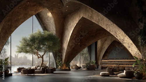 Unique architectural interior with natural light flooding into a spacious lounge area enhancing