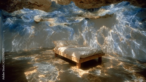 Underwater bedroom with sunlight reflections creating an ethereal atmosphere and calming mood