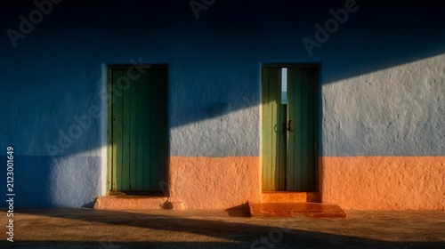 Two weathered green doors in a blue and orange wall bathed in soft golden light architecture