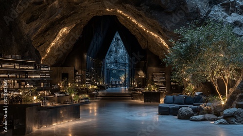 Unique retail space within a cave featuring beauty products and ambient lighting displaying