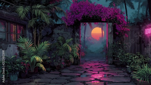 Vaporwave aesthetics showcasing a tropical garden scene at twilight with neon lighting