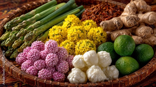 Vibrant assortment of fresh produce arranged artfully in a woven basket showcasing nature's bounty