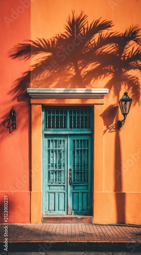 Vibrant Teal Door with Palm Tree Shadow on Orange Wall.