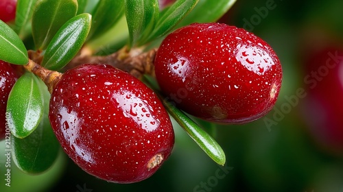 Vibrant close-up captures the allure of glossy red berries and verdant green leaves against a soft