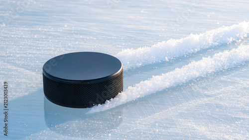 Black hockey puck sliding on natural ice surface leaving snow trails behind it in bright winter sunlight