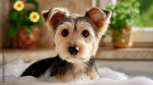 Adorable small yorkshire terrier puppy with big dark eyes sitting in a bathtub filled with white soapy bubbles, cozy home atmosphere with blurred flowers and window light