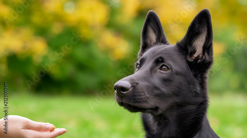 Close-up profile of a black german shepherd puppy with erect ears, intense amber eyes, looking towards an offered treat from a human hand on the left, against a blurred grassy field background