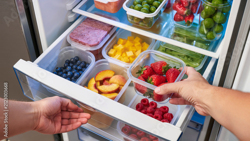 Top view of human hands opening a refrigerator drawer packed with transparent containers of fresh strawberries, blueberries, peaches, raspberries, and vegetables