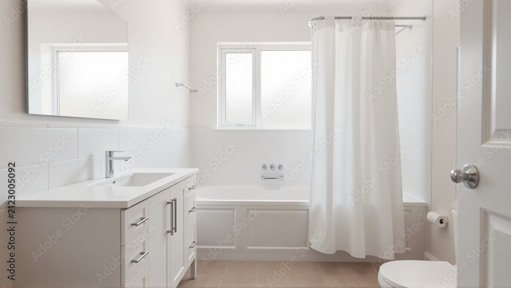 Fototapeta premium Minimalist Bathroom Interior with White Fixtures and Dark Gray Tile Floor