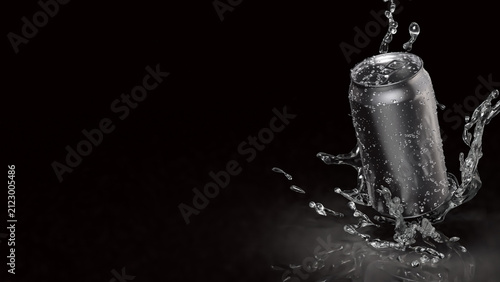  Refreshing Silver Soda Can with Dynamic Water Splash 3d render.