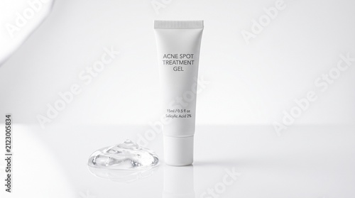 Ultra Realistic Acne Treatment Skincare Products Collection Featuring Serum, Cleanser, Moisturizer, Sunscreen, Spot Gel and Hydrocolloid Patches in Minimalist Cosmetic Product Photography
