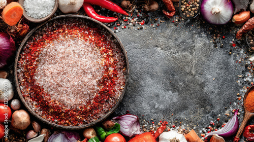 Vibrant Assortment of Fresh Ingredients Arranged Around a Bowl of Spices.