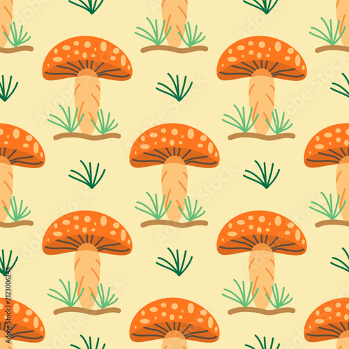 Seamless pattern with mushroom images on orange background