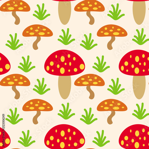 Seamless background pattern with red mushrooms
