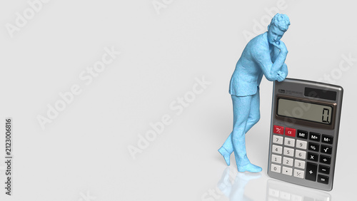 Thoughtful Businessman Planning Finances Beside Giant Calculator 3d render.