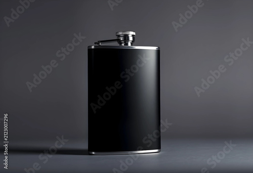 Black matte hip flask with a silver cap and base, liquor container for travel and outdoor activities, the flask is isolated on a dark grey background with subtle shadows