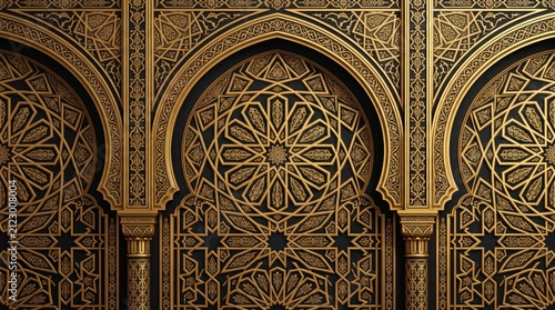 Intricate islamic geometric arch patterns in gold for elegant architectural wallpaper design