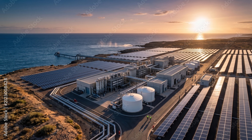 Obraz premium Aerial view of solar powered desalination plant by the ocean during sunset for clean energy and sustainable innovation concept