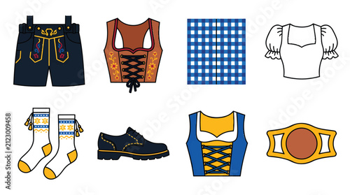 Set of traditional German Oktoberfest clothing elements and accessories including lederhosen dirndl blouse socks and shoes.