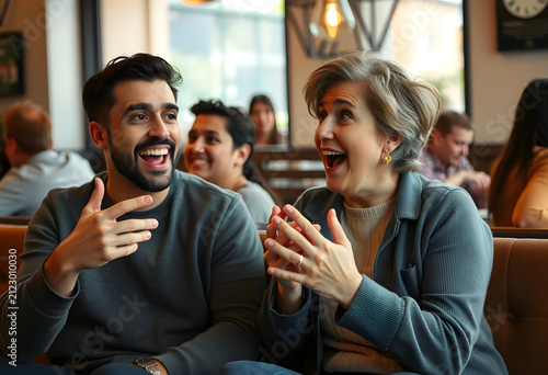 Happy diverse couple laughi...