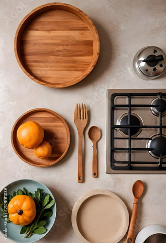 Kitchen flat lay with woode...