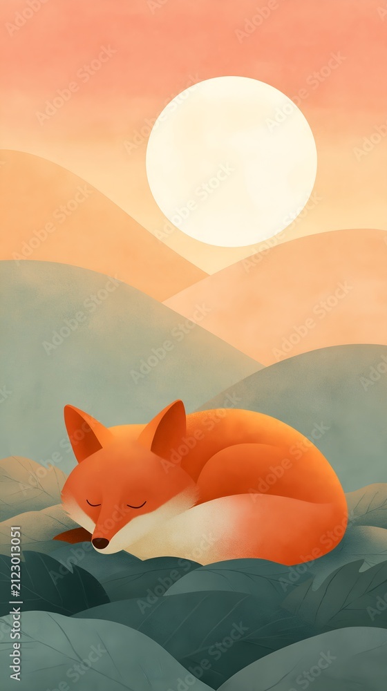 Obraz premium Orange fox curled up on mountain slopes during sunset