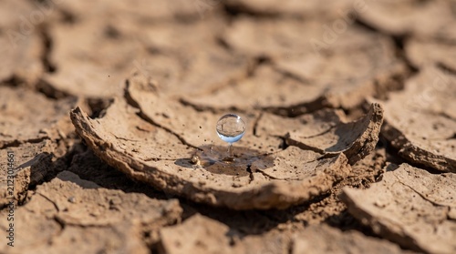 Water droplet falling onto cracked dry earth symbolizing drought and scarcity