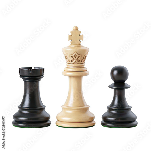 Three chess pieces rook queen and pawn on dark wood