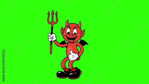 A classic 1930s rubber hose cartoon mascot of a mischievous red devil holding a pitchfork and dancing, isolated on a solid green chroma key background. Excellent for keyable Halloween video overlays, 