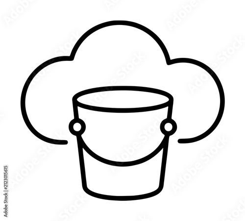 Minimalist hand drawn vector line icon of a milk pail bucket resting beneath a fluffy cloud, simple farm dairy illustration in black outline