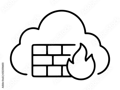 Фотография Hand-drawn vector icon of a cloud firewall, featuring a brick wall and flame sym