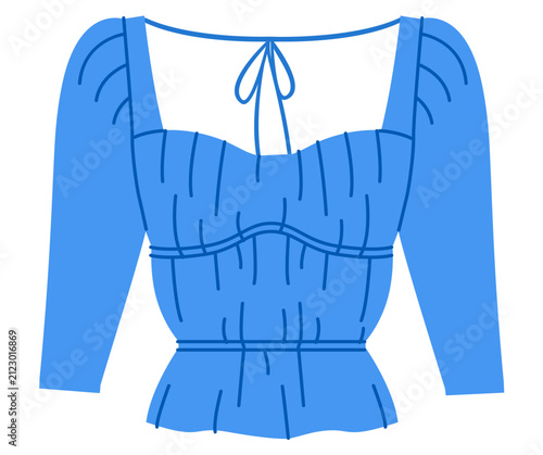 Fotografía Blue smocked top with long sleeves, square neckline and fitted bodice with gathered texture and waist shaping