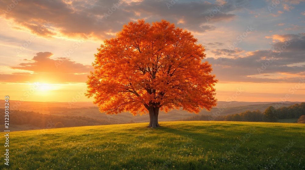Obraz premium A lone tree with vivid orange autumn foliage stands in a green meadow at sunset, ideal for seasonal travel, nature, conservation, and wellness promotions.