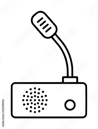 Hand-drawn black and white vector line illustration of a desk intercom microphone device with speaker base, ideal for broadcasting, communication, and podcast graphic design projects