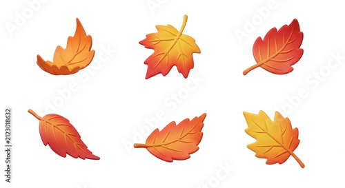 six 3d rendered cartoon autumn leaves floating against a clean white background seasonal design or decoration