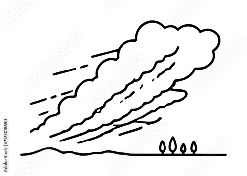 Hand-traced vector illustration of a fast-moving dust storm billowing across an open plain, with three small trees struggling against the powerful gusts of wind sweeping over the barren landscape
