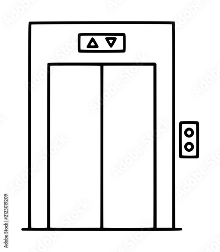 Hand-traced vector icon illustration of a classic elevator door featuring up and down directional arrows with a side-mounted call button panel, minimalist line art design for architecture and transit