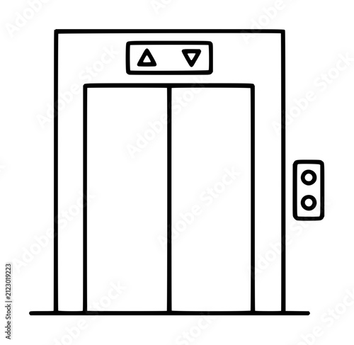Minimalist hand-drawn elevator vector icon illustration featuring closed doors, directional arrow buttons, and external call panel on white background
