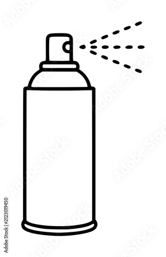Hand-drawn vector icon of a classic aerosol spray can releasing fine mist particles, simple black outline illustration with clean minimalist design for graphic design use