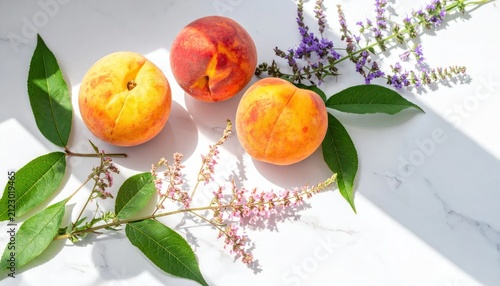 Ripe Peaches and Delicate Flowers on a Marble Surface with Natural Light