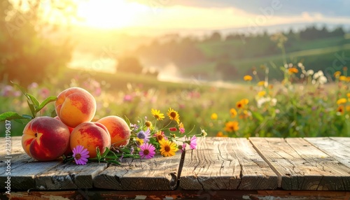 Ripe peaches and wildflowers on a rustic wooden table at sunrise in a meadow, with soft morning light and bokeh.