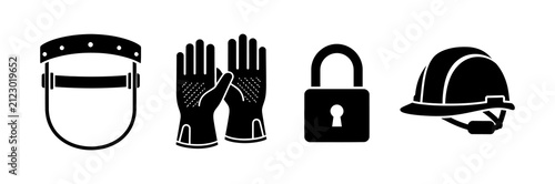 Принти на полотні Set of Industrial Safety Gear Icons Featuring Protective Equipment and Padlock
