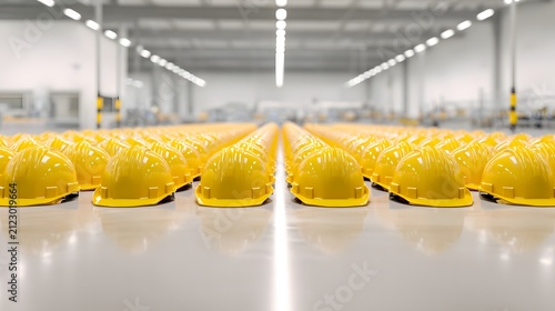 Rows of yellow safety helmets arranged in a large industrial facility.