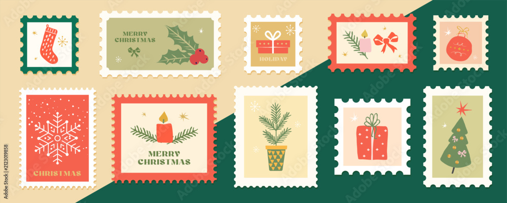Obraz premium Stamp post letter and christmas mail frame with postage icon stickers. Xmas gift graphic and paper holiday old with patch vintage postcard.