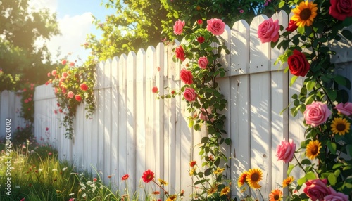 Romantic Garden Scene: Pink and Red Roses Blooming on a White Picket Fence in Warm Sunlight
