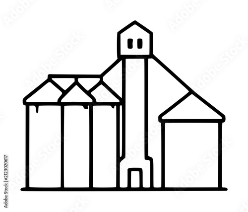 Hand-drawn grain elevator vector icon illustration featuring industrial silos and storage towers, simple black outline sketch depicting agricultural facilities