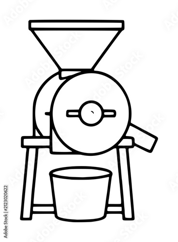 Hand-drawn black and white vector illustration of a traditional grain mill with hopper, grinding wheel, crank handle, and collection bucket. Vintage farm equipment line art icon for rustic and